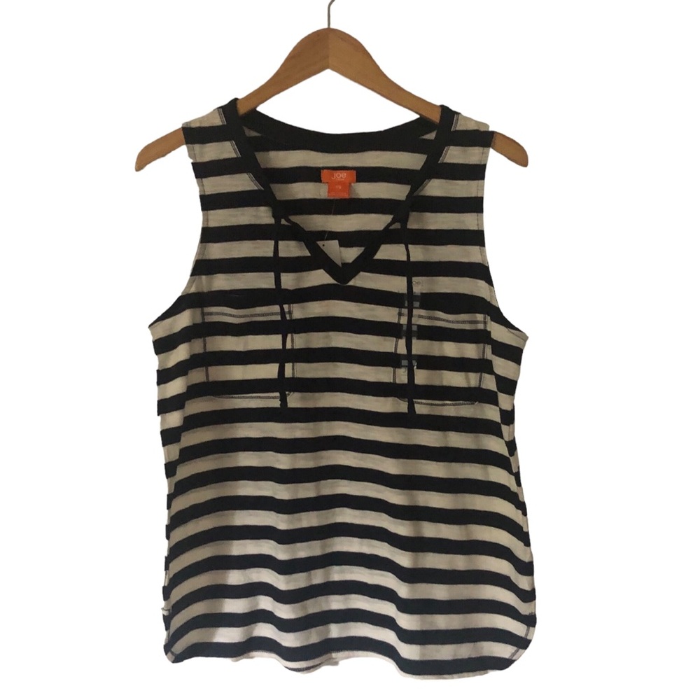 Joe Fresh sleeveless v-neck t-shirt tank chest pockets side slit cotton stripe